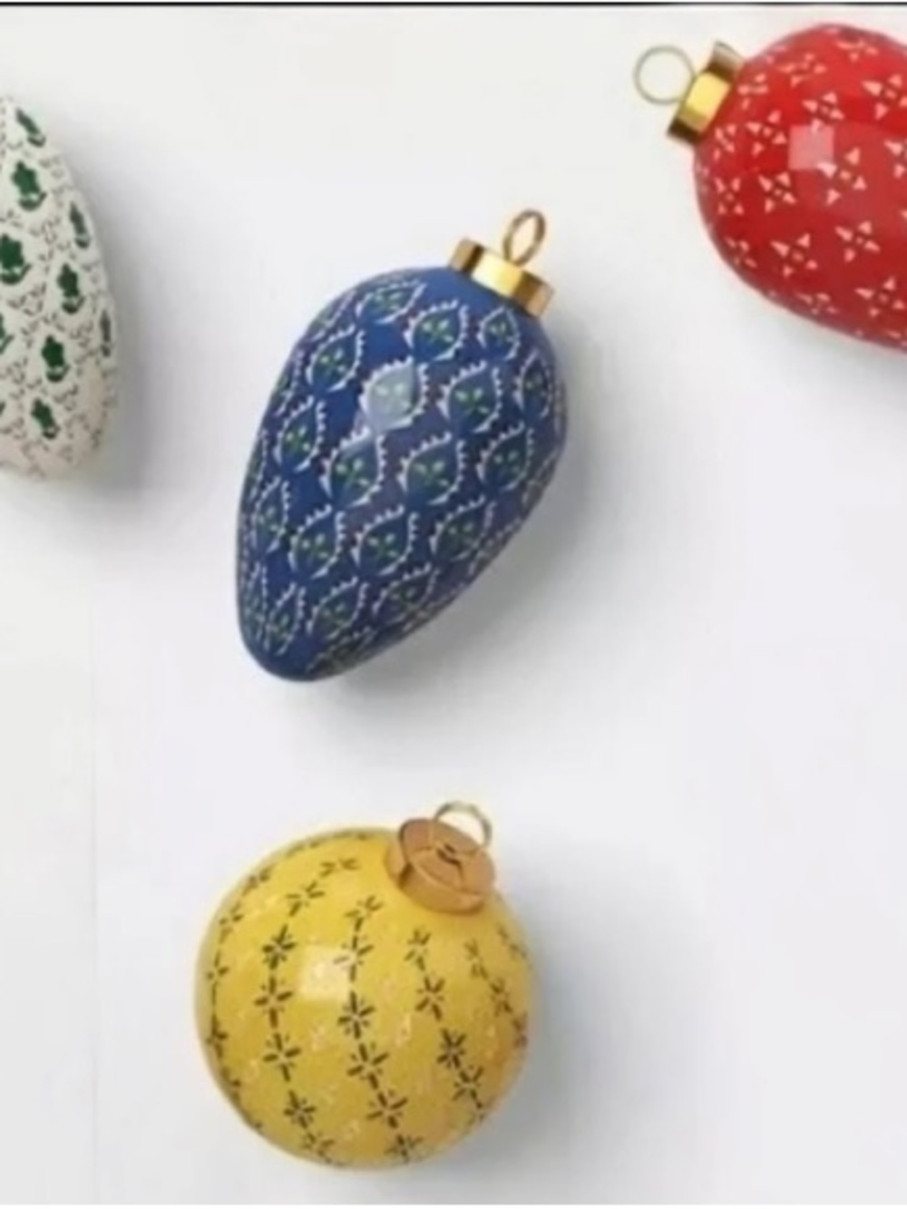 Hand-Painted Holiday Ornament Set - Blue, Yellow, Red, White